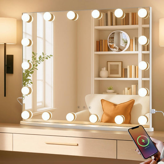 LUXFURNI Vanity Mirror with Lights, 23.6" x 20.5" Hollywood Mirror, Light Up Makeup Mirror with 18 LED Bulbs for Bedroom, 3 Color Lighting Modes, Tabletop & Wall Mount, USB Charging Port