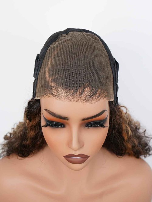 ISEE Hair Highlight Glueless Bob Wigs Human Hair Pre Plucked Pre Cut 2/30 Honey Blonde Curly Human Hair Wig for Black Women Ombre Water Wave 5x7 HD Lace Closure Wigs with Elastic Band 10 Inch