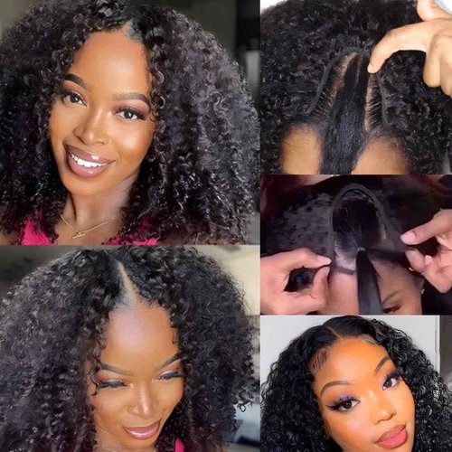 ISEE V Part Human Hair Kinky Curly Minimal/No Leave Out Upgrade U Part Wig for Black Women V Shape Kinky Curly Thin Part Glueless Clip In Half Wig 180% Density Natural Color 14 Inch