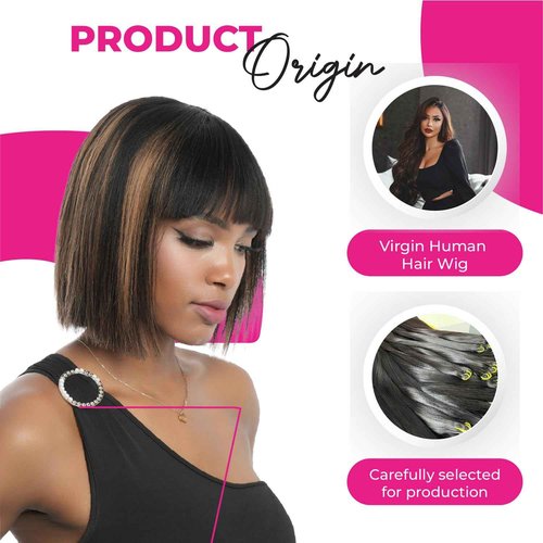 BIG G HAIR 10 inch Yaki Straight Bob Wig Vietnamese Human Hair Wig Pre-Bleached, Wear and Go Lace Bob Wig Human Hair 180% Density Piano Brown, Glueless Wig Human Hair with Blunt Bangs