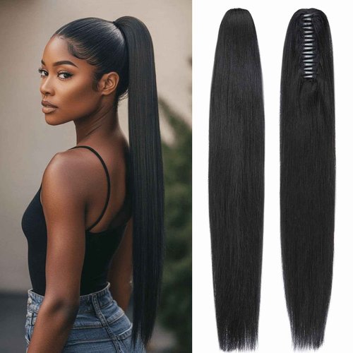 prokyvity Human Hair Claw Clip Ponytail, Claw Clip Human Hair Ponytail,Effortless Application with Secure Hold,Style in Seconds,Quick Styling Solutions for Busy Lives,20"/117g Jet Black
