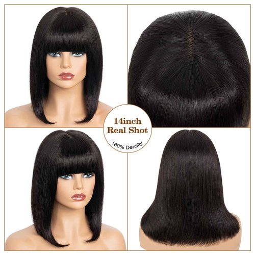 Benehair 14 Inch Light Yaki Straight Human Hair Wig Bob Wig with Bangs 2.75x1 Realistic Look Lace Glueless Wigs Human Hair Blunt Cut Short Black Bob Wig with Bangs 180% Density Natural Black