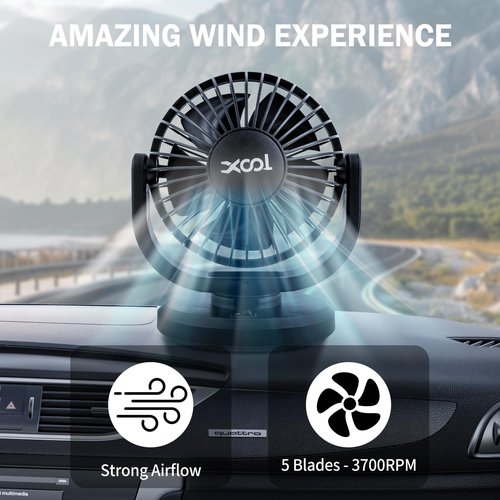 XOOL 12V Car Fans, 4" Electric Car Cooling Air Fan Powerful Single Car Fan Cigarette Lighter Low Noise 360 Degree Rotatable for Truck Vehicle Boat Van SUV RV