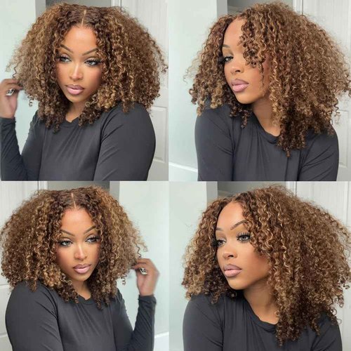 Lealife 14 inch Kinkycurly Wear and Go Glueless Wig Ombre Highlight 4/27 Wigs Pre Cut Transparent Lace Wig human hair Pre Plucked,Natural Hairline for Women 200% Density