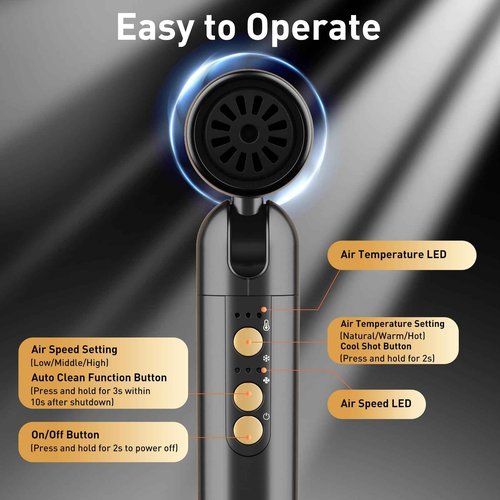 Quico Travel Hair Dryer with Dual Voltage, 120000 RPM Fast Drying Hair Dryers for Women with 500 Million Negative Ions, Thermo-Control Compact Hair Blow Dryer with Cold, 3 Heat & 3 Speed Settings