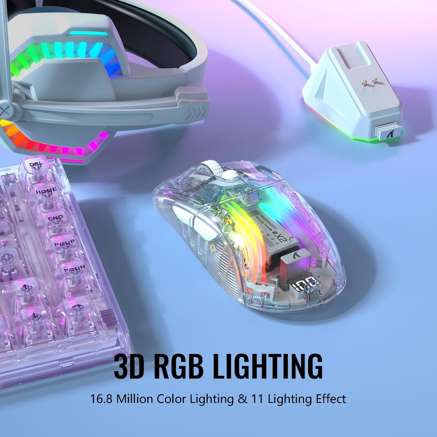 A.JAZZ Wireless Gaming Mouse with Full Transparent,Tri-Mode 2.4GHz/Bluetooth/Wired Mouse,Digital Display,Charging Base,3D RGB Backlit,Silent Mice with 7 Buttons,Wireless Mice for Laptop,PC,Mac(White)