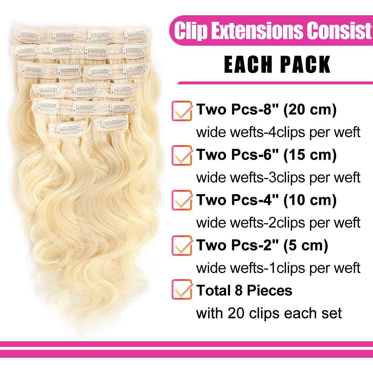 28 Inch Blonde Clip in Extensions 8Pcs 110g Clip in Hair Extensions Real Human Hair Body Wave 613 Blonde Clip ins Brazilian Remy Human Hair Extensions for Women Double Weft