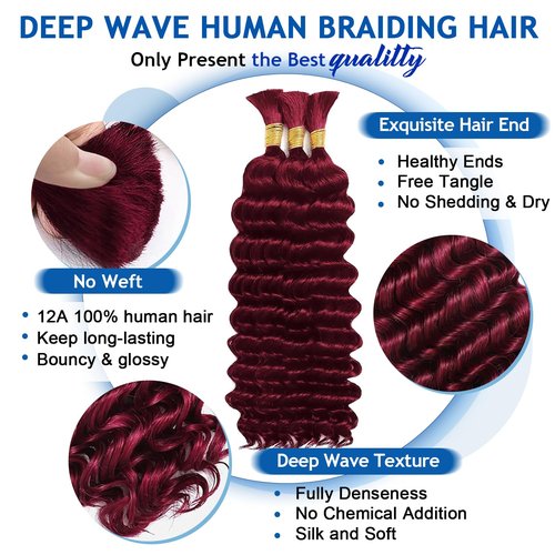 Bizvus 24inch Human Braiding Hair for Boho Braids 110g Deep Wave Boho Bulk Human Hair for Braiding Knotless 12A Wet and Wavy Bulk Bohemian Curly 3 Bundles/Pack #99j Burgundy Color