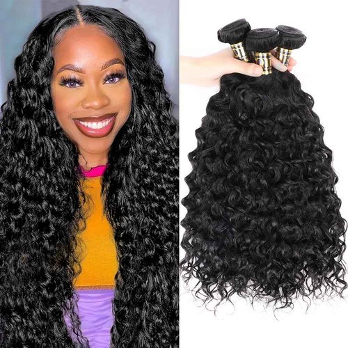 QTHAIR Water Wave Human Hair Bundles (Natural Black,12" 14" 16") Burmese Curly 16A 100% Unprocessed Brazilian Virgin Human Hair Weave Wet and Wavy Bundles