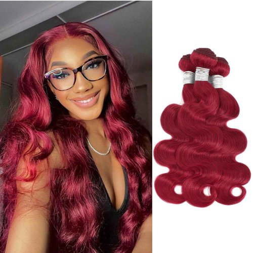 Anmetan Red Burgundy 3 Bundles Human Hair Body Wave, 12A Colored 100% Unprocessed Remy Hair Soft and Bouncy Burgundy Cherry Red 99J Human Hair Wavy Bundles Sew in Double Weft Quick Weave 12 14 16 Inch