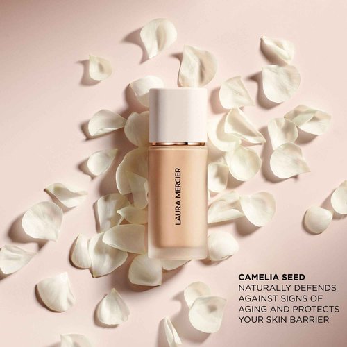 Laura Mercier Real Flawless Weightless Perfecting Waterproof Liquid Foundation: Medium-Buildable Coverage, 12 HR Fade-Proof Wear, Hydrating, Non-Comedogenic, 2C2 Soft Sand + Foundation Brush Bundle