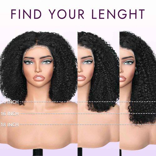 UREMY Afro Kinky Curly Wig Human Hair, 13x4 Lace Front Curly Afro Glueless Wigs 180 Density, Pre Plucked Transparent Lace Frontal, Brazilian Human Hair Bob Wig for Women, Natural Black 18 Inch