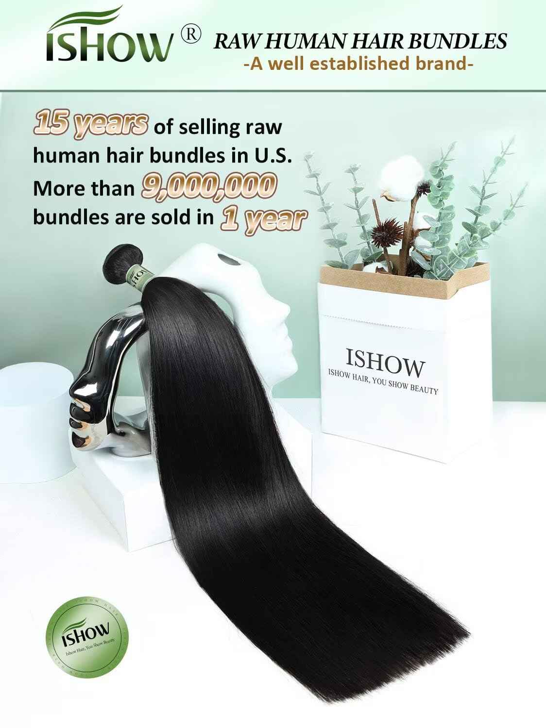 ISHOW Raw Human Hair Bundles, 100% Unprocessed Virgin Human Hair, 15A Straight Premium Quality Bundles Producer, 16 Inch Single Bundle, Long Lasting, Color 1B