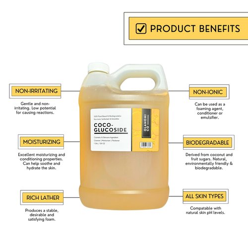 Olahoni Coco Glucoside Surfactant 1 Gallon - Natural Foaming Cleanser - Plant Derived - Biodegradable - For Formulations and DIY Skin Care - For Shower Gels, Body Soap, Shampoos, Face Cleansers