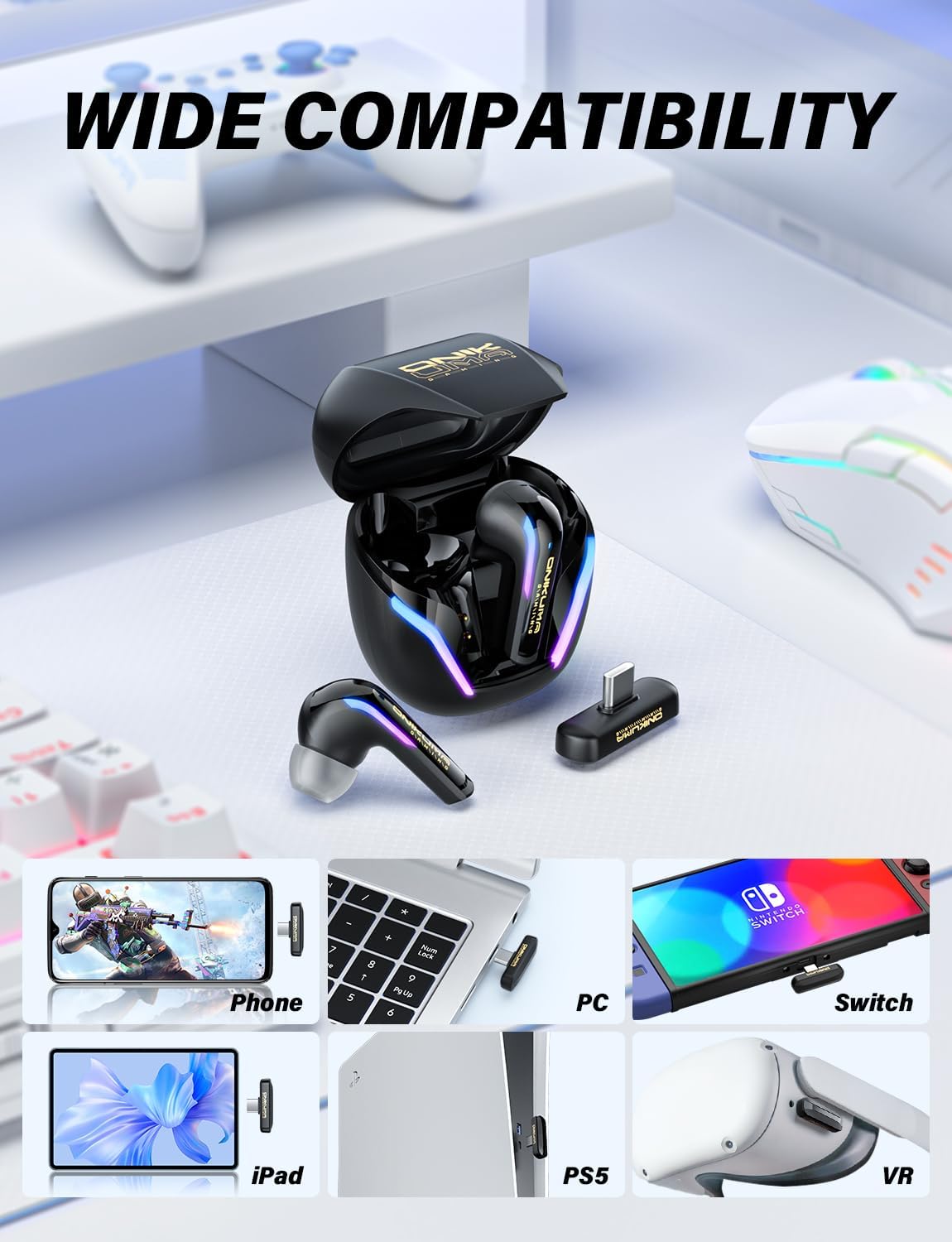 2.4G Wireless Gaming Earbuds with ENC Mic, 20ms Low-Latency for PS5/4, Meta Quest 3/3S/2, 2.4GHz Bluetooth Dual-Mode Headphones for Phone, Pad, Laptop, Steam Deck, Switch, PC, VR(with USB-C Dongle)