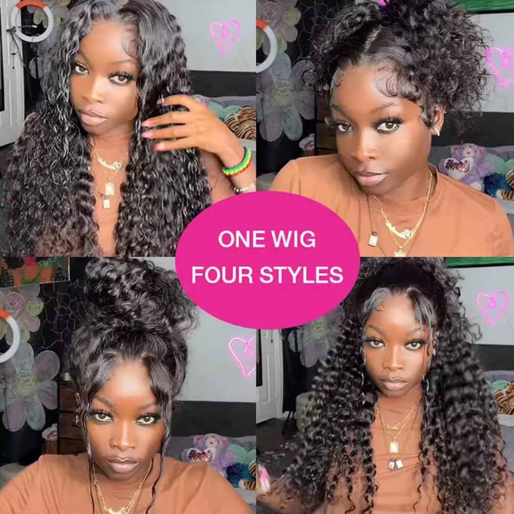 360 Lace Front Wigs Human Hair Hidden Strap Deep Wave Lace Frontal Wig Pre Plucked Drawstring Wig Human Hair 200 Density HD Full Lace Front 360 Glueless Wigs for Women (deep wig, 20inch)