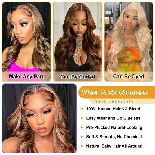 A FUTURE TONGMEI 4/27 Highlight HD Lace Front Wigs Human Hair Pre Plucked 13x4 Body Wave Frontal Wig with Baby Hair 180% Density Ombre Brown and Honey Blonde Human Hair Wigs for Black Women 22 Inch