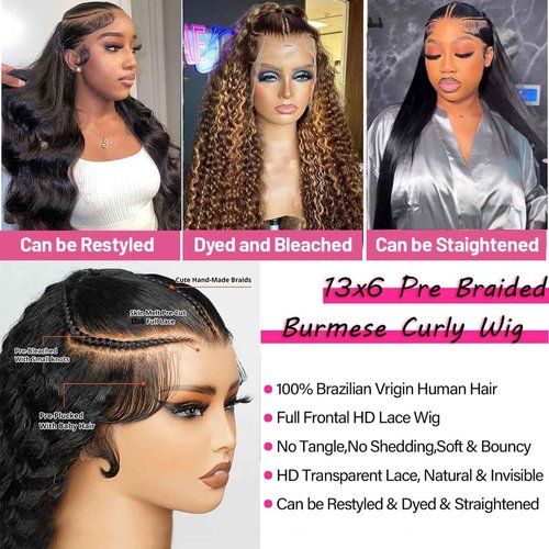 HONEY CROWN 13x6 Burmese Curly Lace Front Wigs Human Hair 180% Density Pre Braided Wig Water Wave HD Transparent Glueless Lace Frontal Wigs for Black Women Pre Plucked with Spiral End (24 Inch)