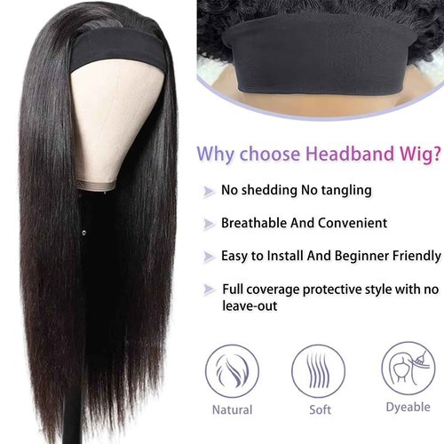 Headband Wig Straight Human Hair Wigs 26 Inch None Lace Front Wigs Glueless Wig 150% Density Brazilian Virgin Human Hair Headband Wigs for Black Women Glueless Human Hair Natural Color