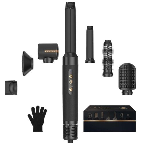 Blow Dryer Brush 7inONE,110000RPM High-Speed Negative Ionic Hair Dryer with Diffuser Concentrator,Curling Iron Hair Straightener Round Brush Blow Out Magic Styler,Volumizing Air Styler (Black Gold)