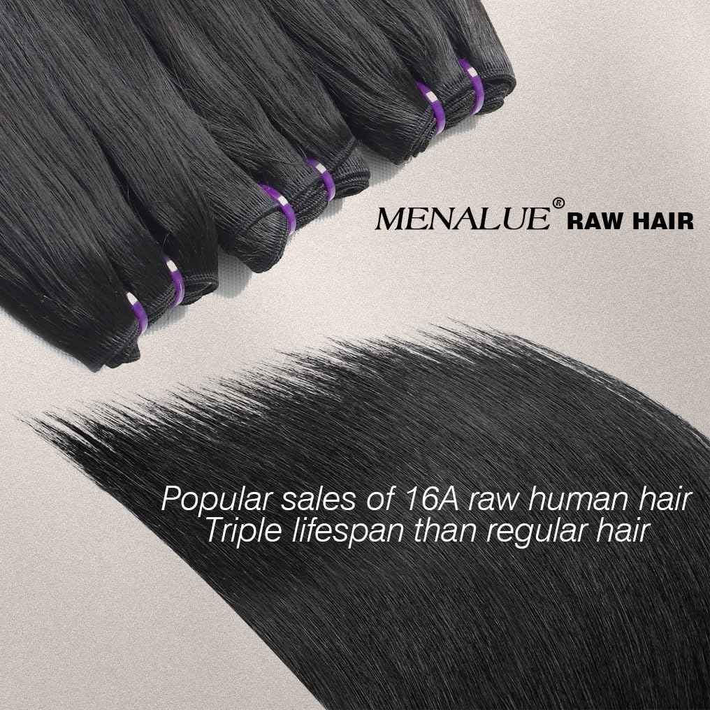 Menalue Human Hair Straight Bundles 14 16 18 Inch 16A Raw Vietnamese Virgin Human Hair Bundles Straight 3 Bundles Human Hair Full and Thick Natural Black Color Hair Extensions
