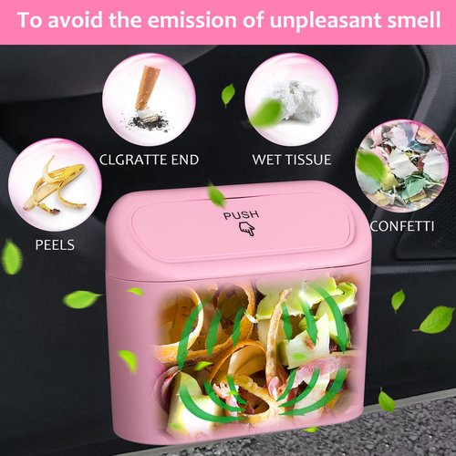 Accmor Car Trash Can with Lid, Vehicle Trash Bin Car Dustbin Garbage Organizer Holder with One Roll Trash Bag, Portable Hanging Mini Leakproof Cars Storage Bag Container for Auto, SUV, Office (Pink)