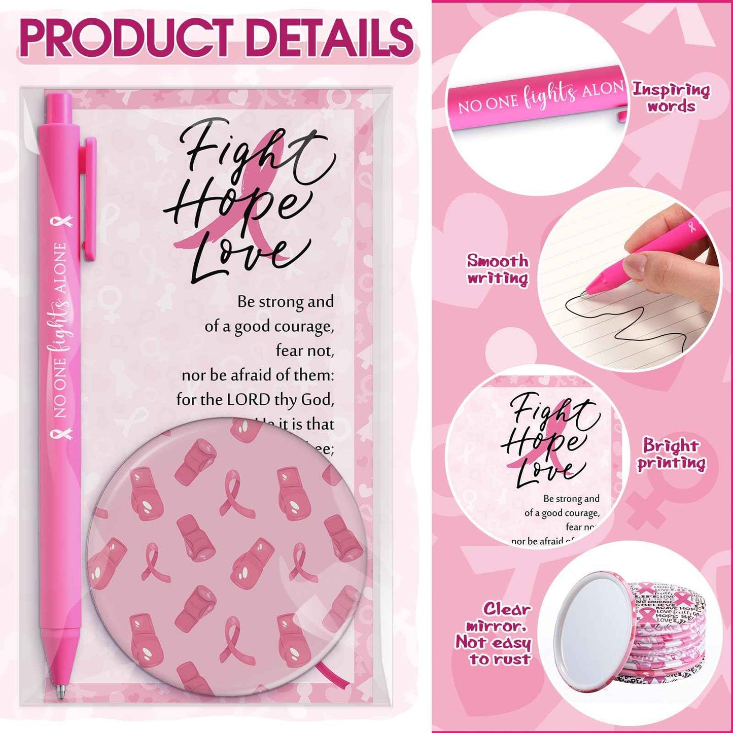 Pinkunn 100 Sets Breast Cancer Awareness Accessories Bulk Breast Cancer Gift for Women Compact Mirrors with Pink Ribbon Boxing Glove Design, Ballpoint Pens, Motivational Cards Charity Party Favors