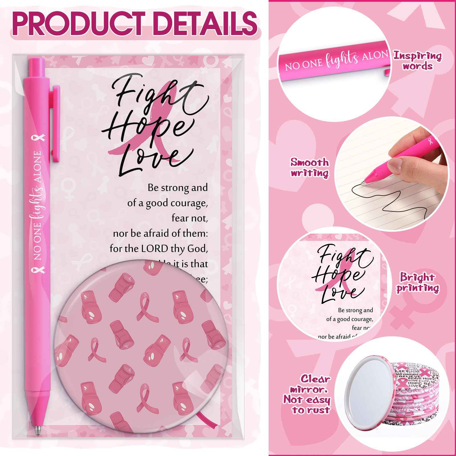 Pinkunn 100 Sets Breast Cancer Awareness Accessories Bulk Breast Cancer Gift for Women Compact Mirrors with Pink Ribbon Boxing Glove Design, Ballpoint Pens, Motivational Cards Charity Party Favors