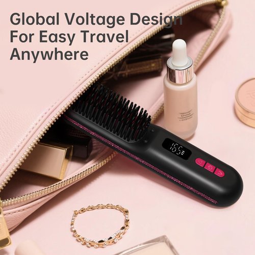 CHRISTINE SHELLY Hair Straightener Brush, Portable Cordless Mini Straightening Brush for Travel, Negative Ion Hot Comb Hair Straightener with 9 Temps for Women, Anti-Scald Ceramic, Fast Charge