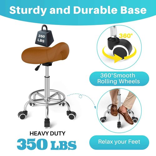 YEEZEE Saddle Stool Ergonomic- Comfortable Rolling Saddle Stool with Wide Thick Saddle Seat Padding, Swivel Adjustable Saddle Chair with Wheels and Ring Pedal for Medical Massage Salon (Brown)