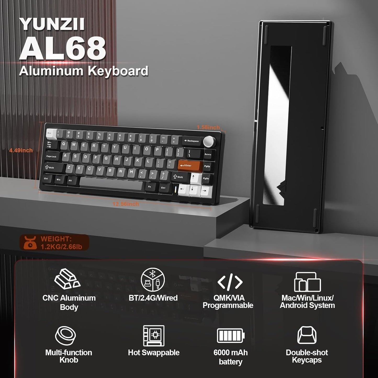 YUNZII AL68 Wireless Mechanical Keyboard,Full Aluminum CNC,60% Layout with Knob, QMK/VIA Software,Gasket Mounted,Hot Swappable,RGB Backlit,BT/2.4G/USB-C for Mac/Win(Black, Gateron Zero)