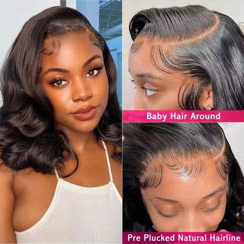 Cfaimity Lace Front Wigs Human Hair Short Bob Wigs 13x4 Body Wave Lace Frontal Wig Pre Plucked with Baby Hair 180% Density Black Women Brazilian Virgin Real Hair Natural Color 16Inch