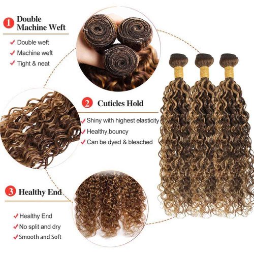 Dokksiiia Piano Color P4/27 Highlight Curly Wave Bundles Chocolate Brown and Honey Blonde Track Mix Curly Weave Bundles Double Weft Brazilian Human Hair Extensions 16 18 20 Inch