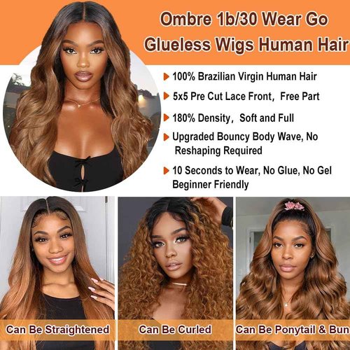 1B/30 Lace Front Wigs Human Hair Highlight Ombre 5x5 Pre Cut Lace Frontal Wig Human Hair Dark Root to Brown 5x5 HD Lace Closure Wigs Glueless Bouncy Body Wave Lace Frontal Wigs 180 Density 16 Inch