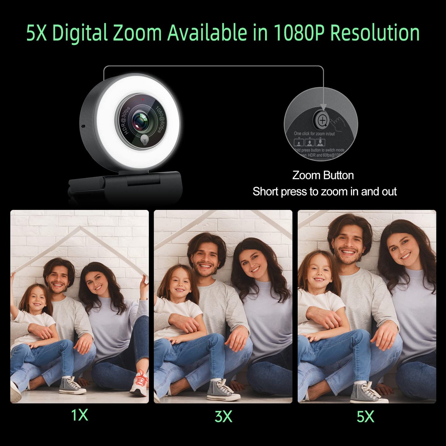 Angetube 1080p Webcam with Ring Light for Streaming: USB 60FPS Web Camera with Microphone-HDR-Enabled-HD Auto Light Correction Web Cam with Adjustable FOV, for Teams, Zoom, PC/Laptop/Mac/Desktop