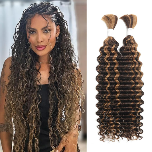 4/30 Human Braiding Hair Deep Wave Bulk Human Hair for Braiding Bohemian Knotless 2 Bundles 100g 26inch No Weft 10A Brazilian Virgin Human Hair Extensions Curly Bulk Human Hair for Boho Braids