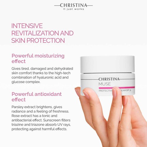 -CHRISTINA- Muse Protective Day Cream with SPF 30 and Hyaluronic Acid | Hydrating Cream for Face | Shields Face Skin | Face Moisturizer for Normal & Dry Skin 50ml