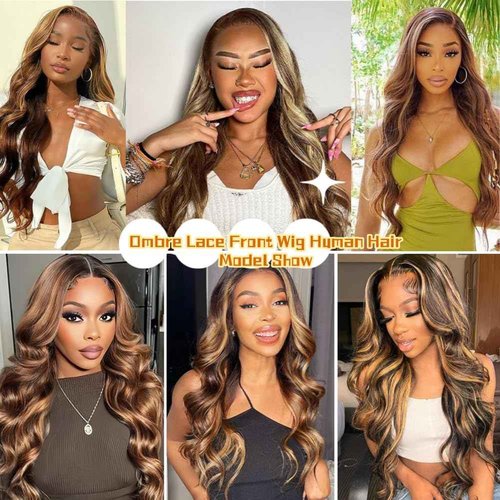 Sunelk Highlight Wig 200 Density 13x6 Lace Front Wigs Human Hair 24 Inch Ombre Body Wave Lace Front Wigs Human Hair Pre Plucked Honey Blonde Wig HD Lace Frontal Glueless Wig for Women