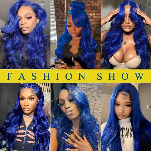 RUOXUAN Blue 9x6 Body Wave Lace Front Wigs Human Hair Pre Plucked With Baby Hair 200% Density Dark Blue Human Hair Pre Cut For Women HD Transparent Lace Frontal Colored Wigs 20 Inch