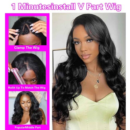 Xagujpo Glueless V Part Wig Human Hair Body Wave for Black Women Upgrade U Part Human Hair Wig 100% Beginner Friendly No Sew In No Glue 180% Density Natural Color (22 inch)