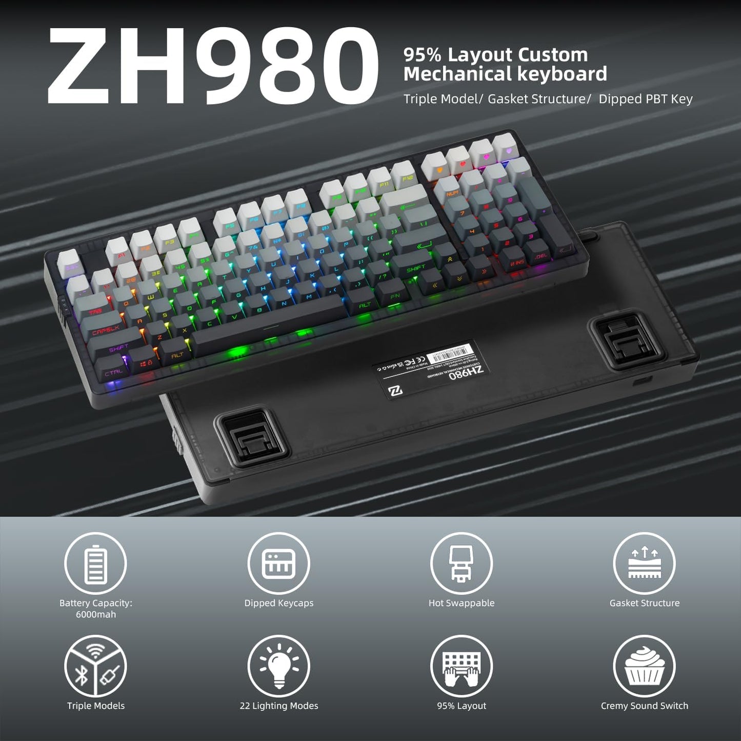 Zornher ZH980 Wireless Mechanical Gaming Keyboard,95% Black & White Hot-Swappable Custom Creamy keyboard With Number Pad,Lighted Up PBT Keycaps,Pre-lubed Linear Switches,RGB Backlit,2.4GHz/USB-C/BT5.0