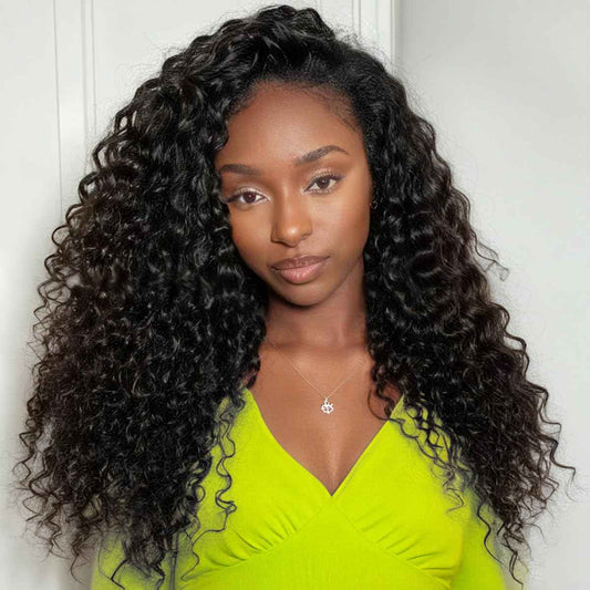 Glimeer Half Wig Human Hair Deep Wave 3 In 1 Drawstring Seamless Filp Over Curly Half Wig 200% Density Wear and Go Glueless Half Wigs for Black Women Natural Color 18 Inch