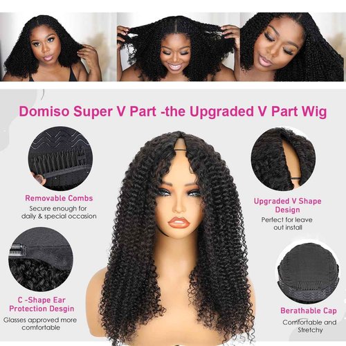 Domiso V Part Human Hair Wig Afro Kinky Curly V Part Wig No Glue No Sew Clip in Half Wig No Leave Out Elastic Band and Removable Clips for Secure Beginner Wig 18 Inch