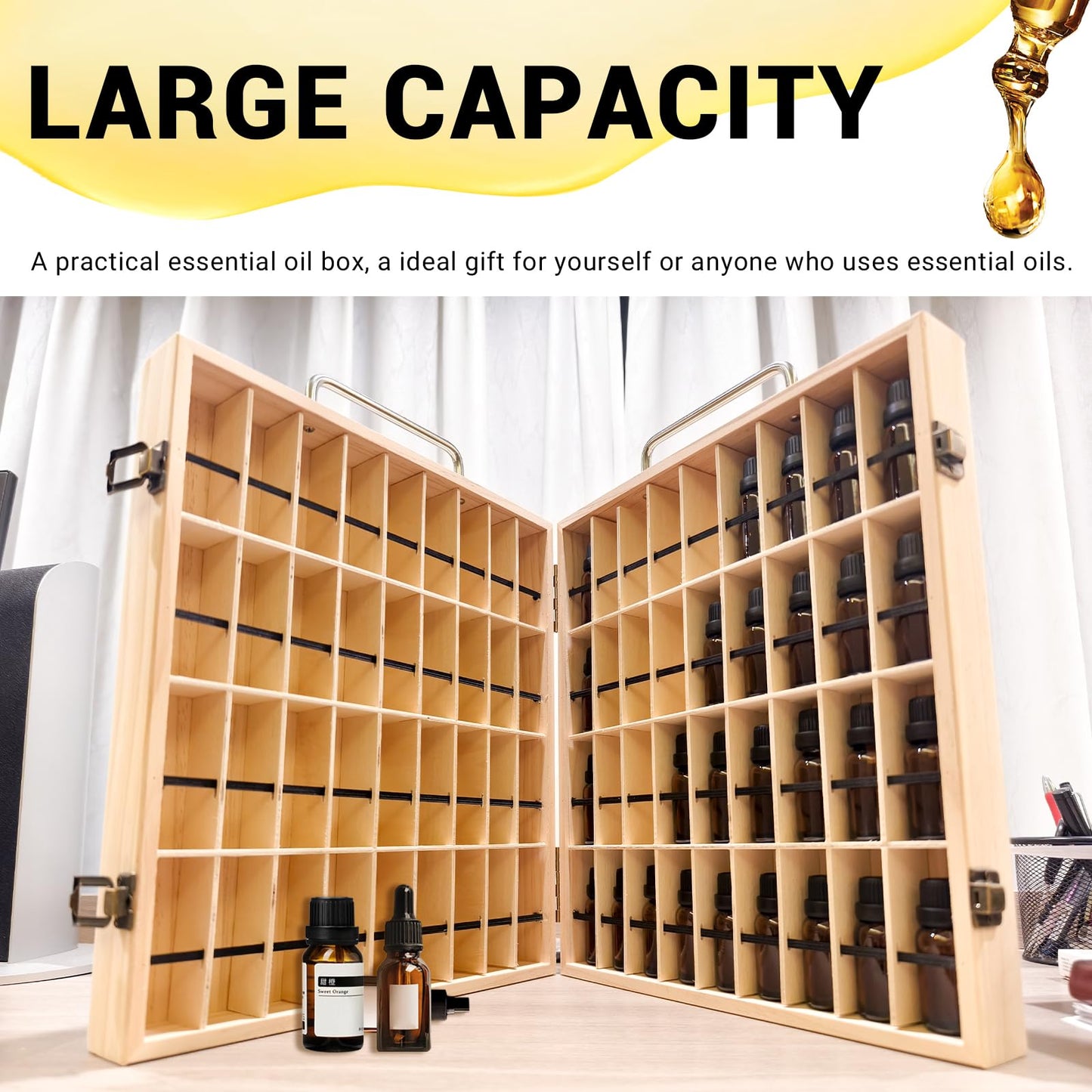 Pure Vie Wooden Essential Oil Storage Box Travel Organizer Case with Bottle Cap Label - Aromatherapy Nail Polish Fragrance Container, Holds 72 Bottle for 5-15ml - Keep Scented Oil Safe & Space Saver