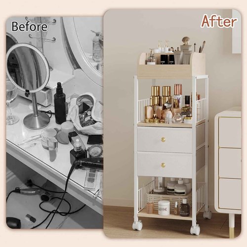 Floor Makeup Organizer Storage Cart - Rolling Makeup Cart with Drawers, Skincare Make Up Organizers and Storage, Cosmetics Display Cases Holder for Skin Care Nail Polish Perfume Makeup Brush (White)