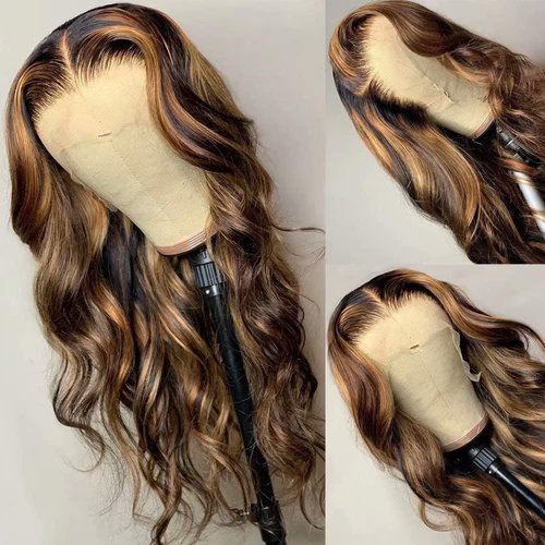 BELE Ombre Highlight 4/27 Color 13x6 Transparent HD Lace Front Wig Human Hair Brazilian Virgin Body Wave 180% Density Lace Front Glueless Wig Pre Plucked with Baby Hair 20inch for Women