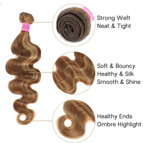 Suerkeep Body Wave Bundles Human Hair Extensions 3 Bundles 20 22 24 Inches Raw Brazilian Virgin Hair P4/27 Color For Black Women