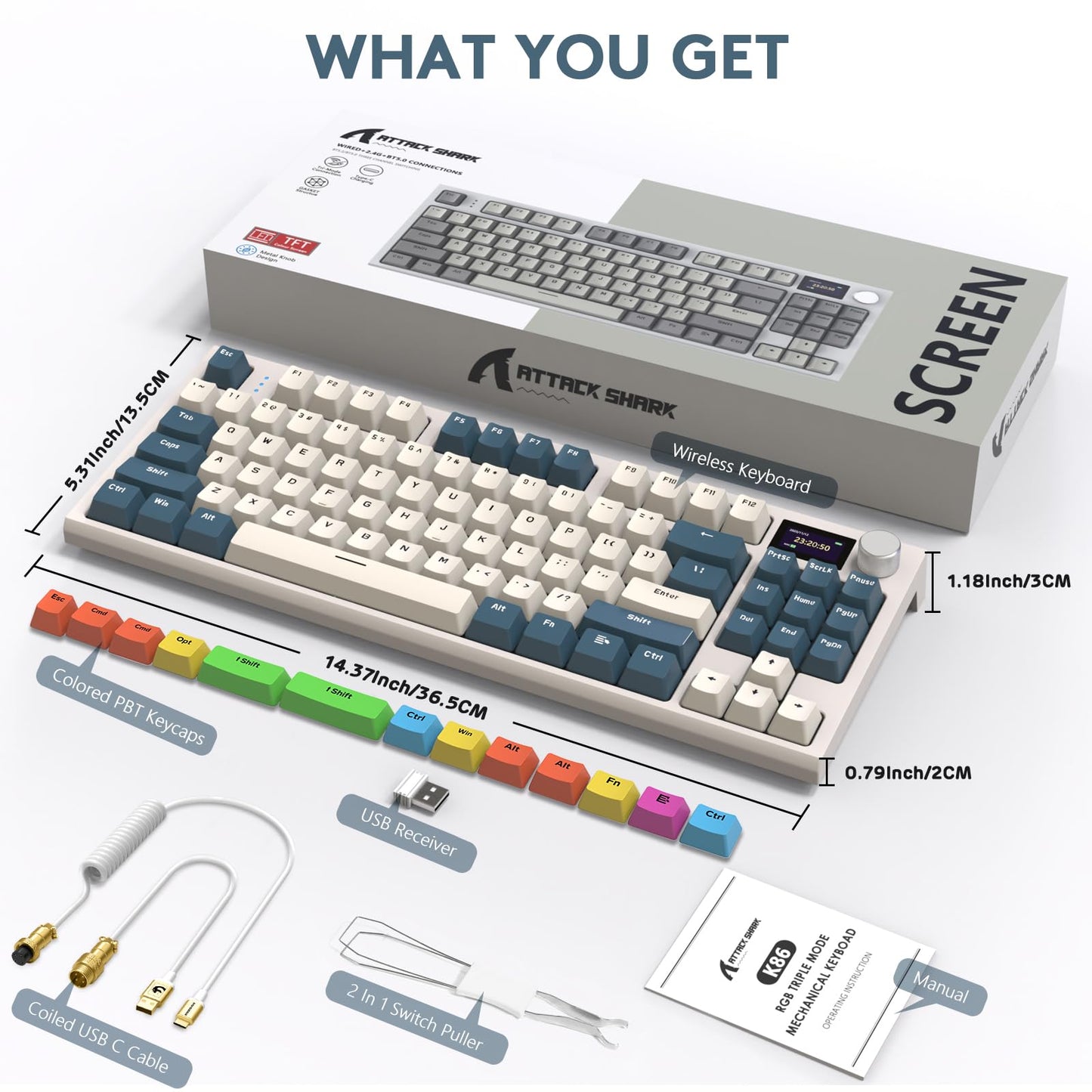RK86 Mechanical Keyboard, 2.4G Wireless/BT5.0/USB-C Wired Gaming Keyboard 75% Layout TKL 87 Key with 1.2'' TFT HD Color Display & CNC Knob, 27 RGB Backlit TTC Hot-Swap Linear Switch PBT Keycap