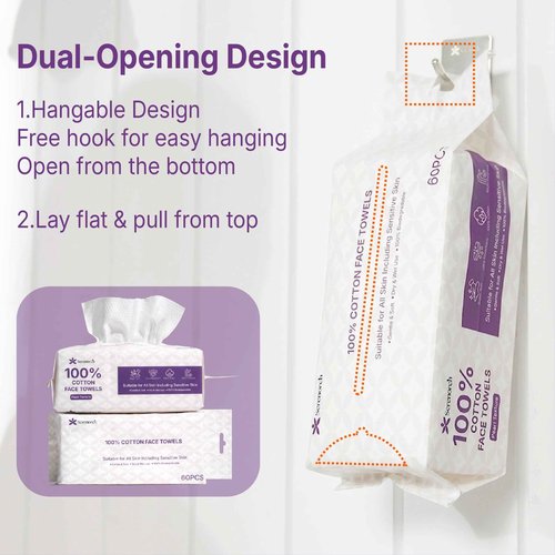 Serenorch 100% Cotton Disposable Face Towels, Soft Cotton Tissue for Sensitive Skin, Daily Cleansing & Makeup Removal, Hanging Facial Dry Wipe