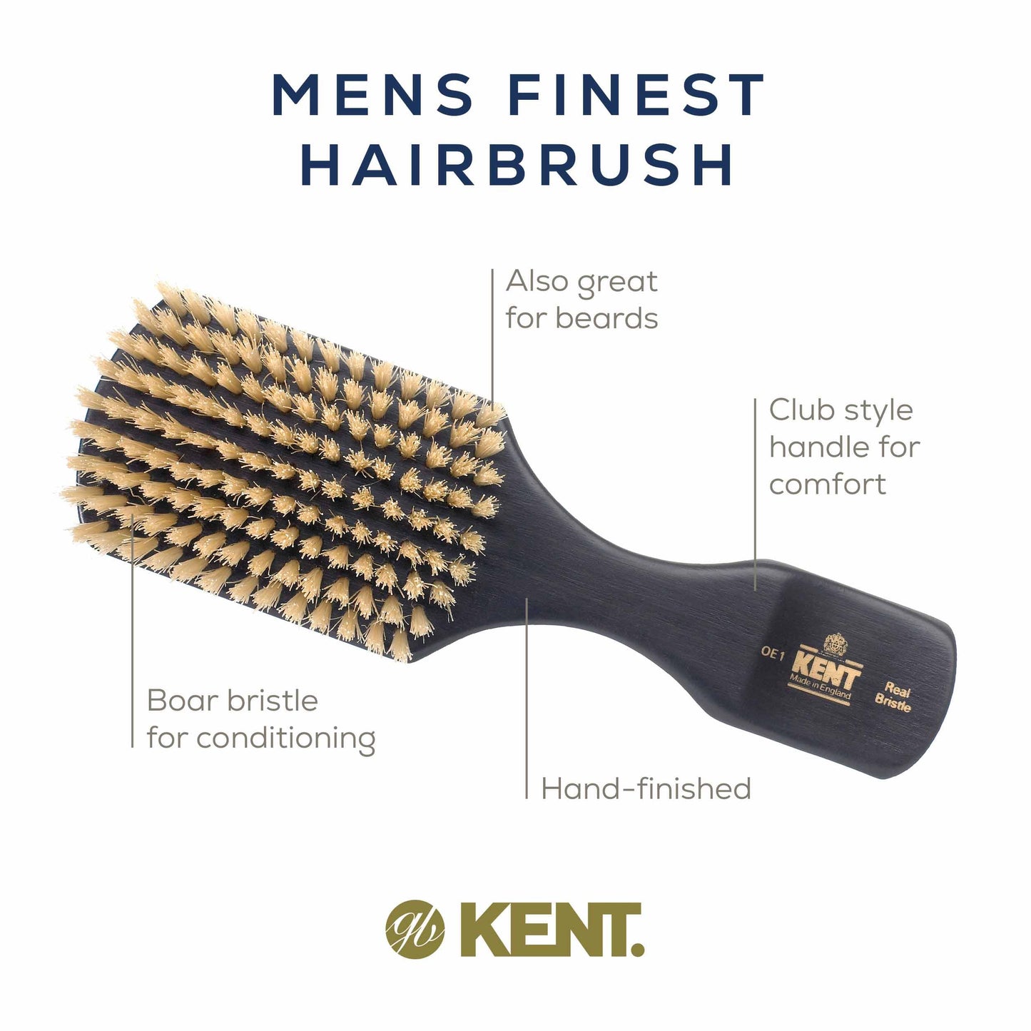 Kent OE1 Boar Bristle Club Brush, Travel Size Natural Boar Bristle Hair Brush for Men Wave Brush for Hair and Beard, Ebony Wood Finest Mens Kent Brush